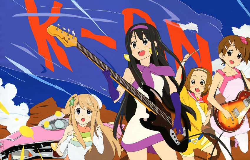 4girls, absurdres, akiyama_mio, bass_guitar, black_eyes, black_hair, blonde_hair, blue_eyes