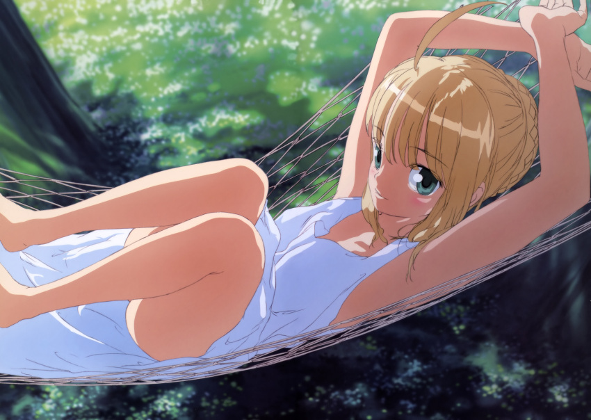 absurdres, ahoge, armpits, barefoot, blonde_hair, braid, dress, fate/stay_night