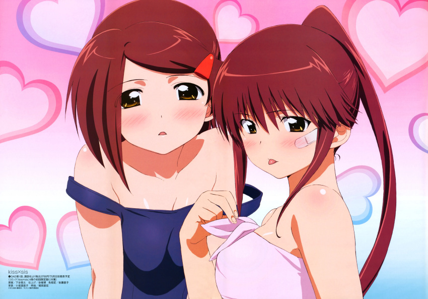 2girls, :p, absurdres, bandaid, bandaid_on_face, bare_shoulders, blush, breasts