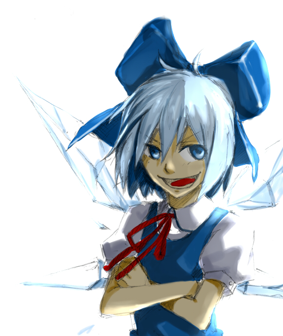 1girl, blue_eyes, blue_hair, bow, cirno, collared_shirt, crossed_arms, hair_bow