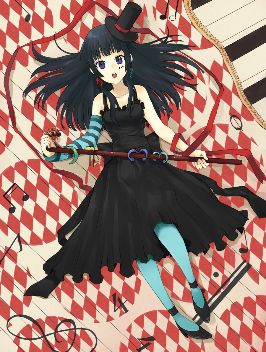 1girl, aki_(mare_desiderii), akiyama_mio, bare_shoulders, black_hair, blue_eyes, blue_legwear, cane