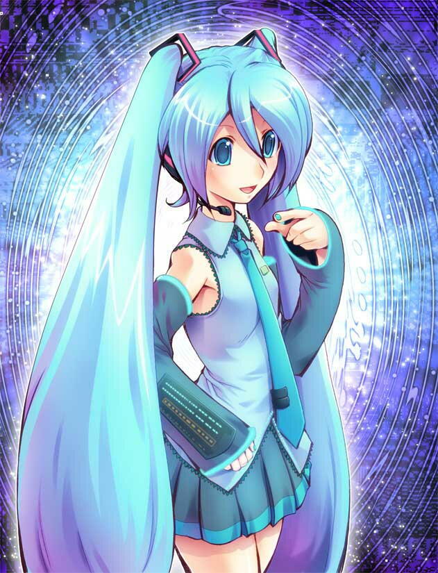 1girl, aqua_eyes, aqua_hair, aqua_nails, blue_eyes, blue_hair, detached_sleeves, flat_chest, gradient_hair, hair_ornament, hatsune_miku, headset, long_hair, miniskirt, multicolored_hair, nail_polish, necktie, pleated_skirt, purple_hair, sidelocks, skirt, sleeves_past_wrists, smile, solo, standing, tomo_(yuugure), tomoeri, twintails, two-tone_hair, very_long_hair, vocaloid