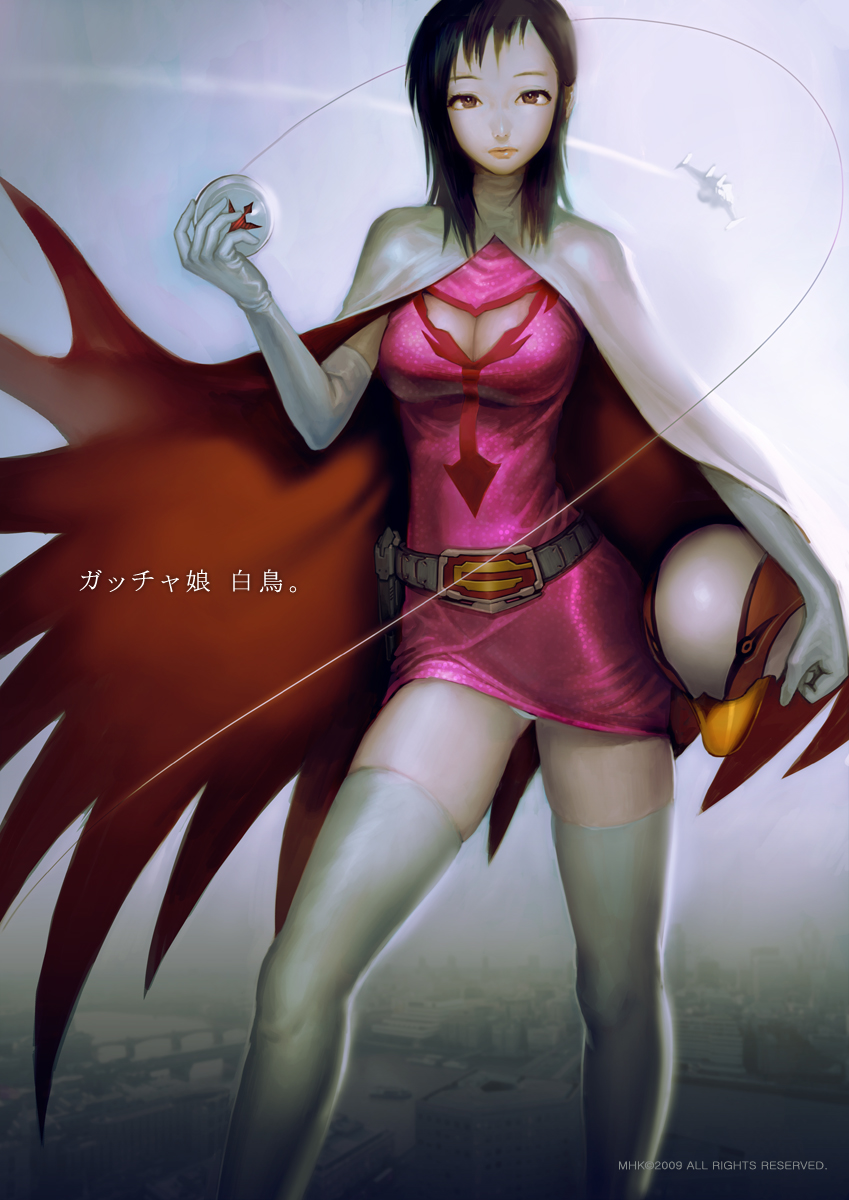 1girl, 70s, brown_eyes, brown_hair, cape, cleavage_cutout, elbow_gloves, gatchaman