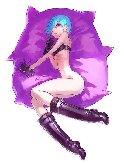 1girl, blue_hair, boots, bottomless, breasts, cushion, gloves, hair_over_one_eye, kerokero_saito, original, purple_boots, solo, under_boob