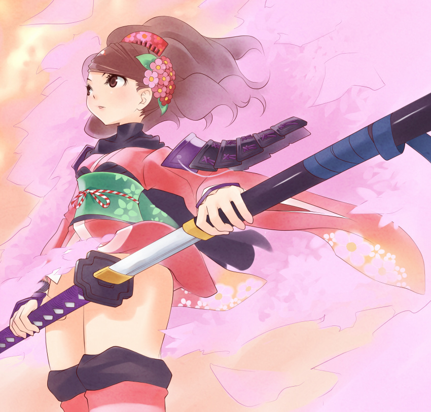1girl, armor, brown_eyes, brown_hair, flower, hair_ornament, highres, japanese_clothes