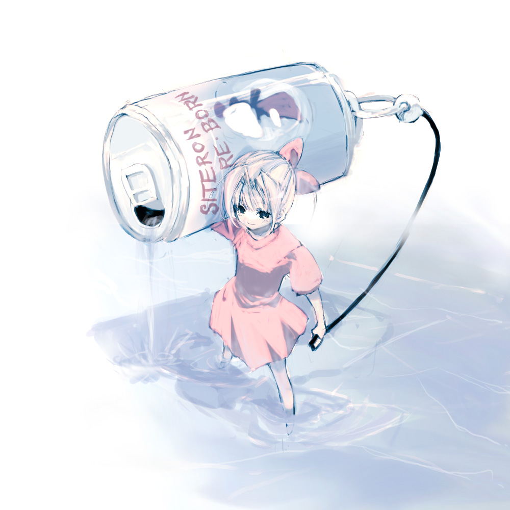 1girl, bow, can, dress, ganges_gawa, ganges_river, hair_bow, minigirl