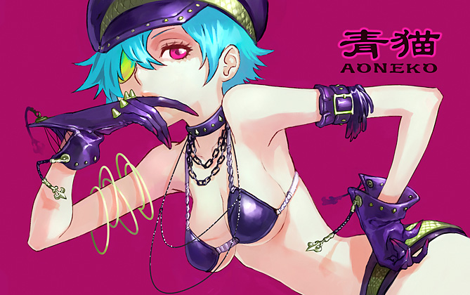 bikini_top, blue_hair, chains, collar, eyepatch, gloves, hand_on_hip, hat