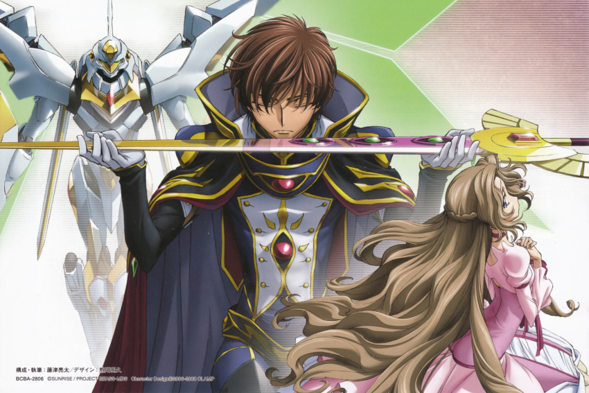 1boy, 1girl, absurdres, braid, brown_hair, cape, closed_eyes, code_geass