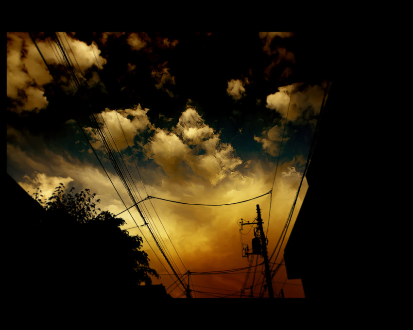 bad_id, clouds, house, night, no_humans, pole, power_lines, sarugetty