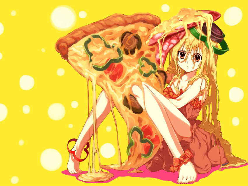 1girl, anklet, bad_id, barefoot, blonde_hair, breasts, cheese, cleavage