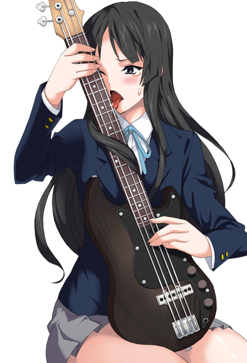 1girl, akiyama_mio, bass_guitar, black_eyes, black_hair, blush, female, instrument