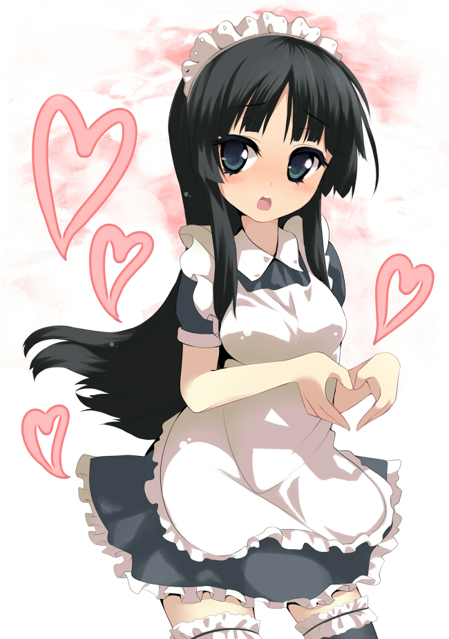1girl, akiyama_mio, alternate_costume, apron, bad_id, bangs, black_hair, blunt_bangs, blush, breasts, dress, enmaided, female, garters, hairband, heart, heart_hands, hime_cut, juuniya_gekkatsuru, k-on!, long_hair, maid, maid_apron, maid_headdress, moe_moe_kyun!, open_mouth, solo, thigh-highs, uruu_gekka, zettai_ryouiki