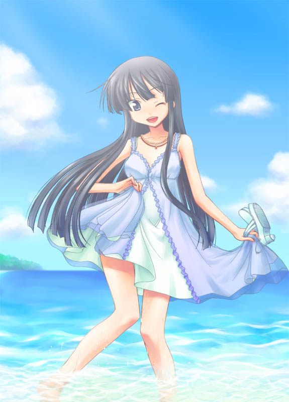1girl, akiyama_mio, beach, black_eyes, black_hair, blue, dress, dress_lift