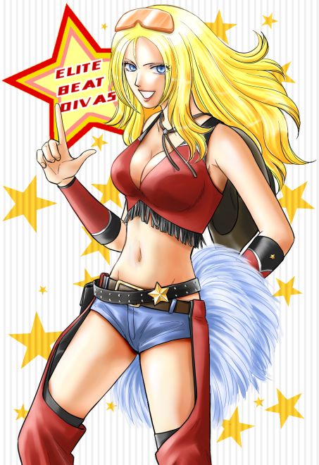1girl, blonde_hair, blue_eyes, breasts, chaps, cheerleader, cleavage, cowboy_hat