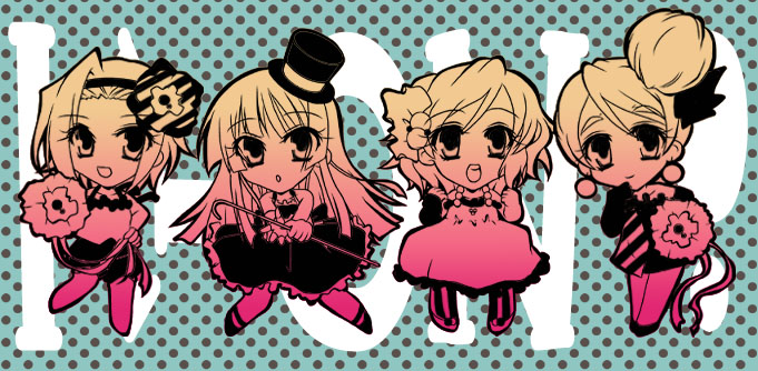 4girls, akiyama_mio, chaa, chibi, don't_say_"lazy", gradient, hair_bun, hat