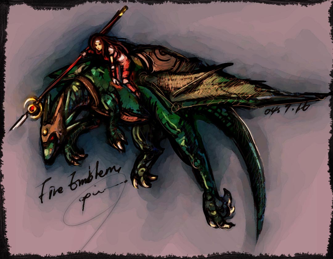1girl, altenna, altenna_(fire_emblem), armor, brown_hair, dragon, fire_emblem, fire_emblem:_seisen_no_keifu, from_side, full_armor, full_body, gauntlets, lance, opiu, polearm, riding, scales, solo, weapon