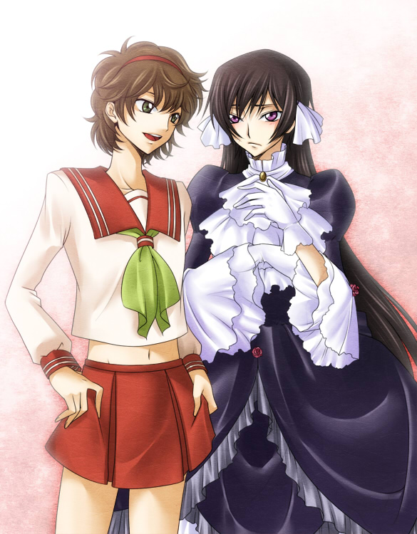 2girls, black_hair, brown_hair, code_geass, crossdressinging, frills, genderswap, genderswap_(mtf)