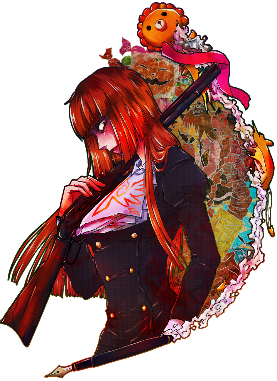bangs, blonde_hair, blunt_bangs, gun, highres, hime_cut, long_hair, pen