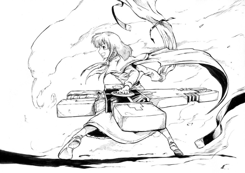 1girl, cross, female, gun, monochrome, nicholas_d_wolfwood, okazaki_yumemi, pandemonium, parody, phantasmagoria_of_dim._dream, solo, touhou, touhou_(pc-98), trigun, weapon