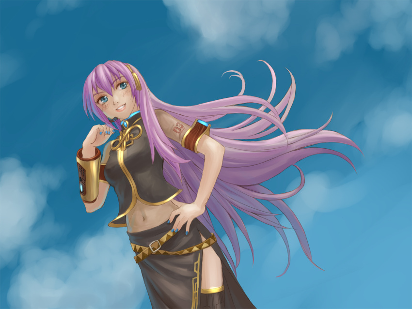 1girl, belt, black_shirt, black_skirt, blue_eyes, blue_sky, blush, breasts