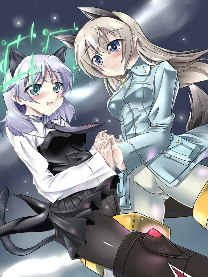 2girls, animal_ears, ao_(time-leap), bad_id, between_legs, black_legwear, blue_eyes, blush