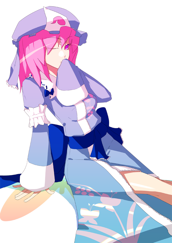 hat, japanese_clothes, kaw, legs, pink_eyes, pink_hair, saigyouji_yuyuko, sitting