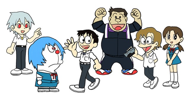 1girl, 4boys, 60s, 70s, aida_kensuke, asame_shinbun, ayanami_rei, black_hair