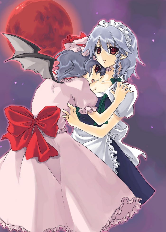 2girls, bad_id, biting_neck, breasts, cleavage, female, izayoi_sakuya, moon