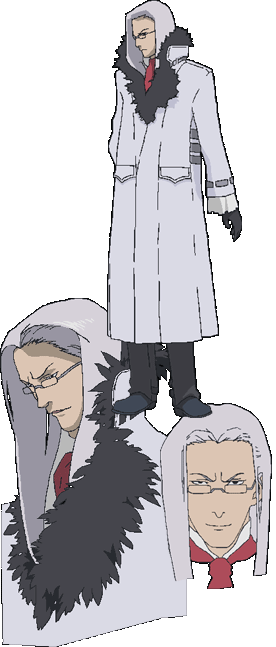 coat, glasses, long_hair, official_art, speed_grapher, suitengu_chouji, white_hair