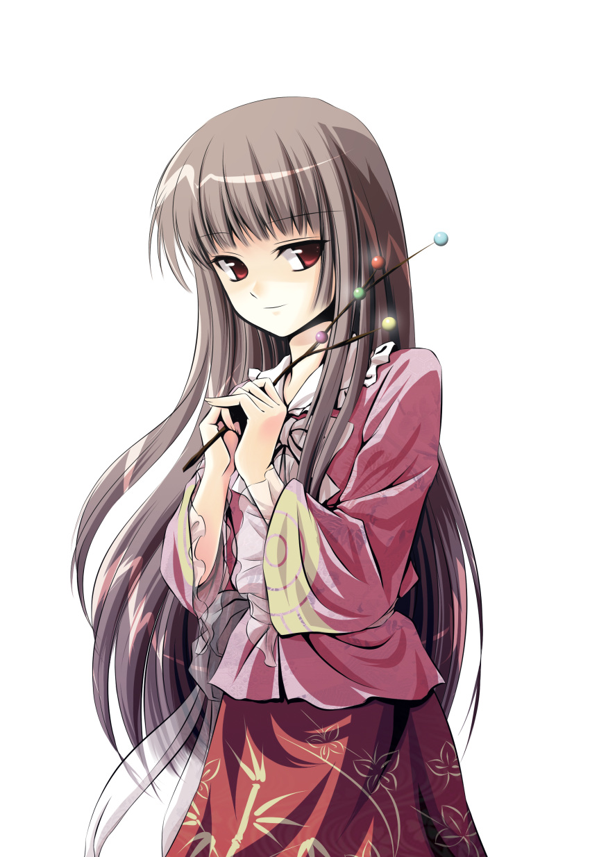 1girl, absurdres, black_hair, branch, brown_hair, dress, female, frills
