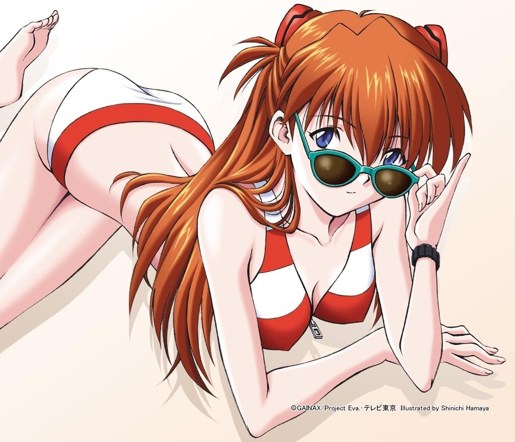 1995, 1girl, 90s, ass, barefoot, bikini, blue_eyes, neon_genesis_evangelion, orange_hair, simple_background, solo, souryuu_asuka_langley, striped_bikini, sunglasses, tagme, zipper