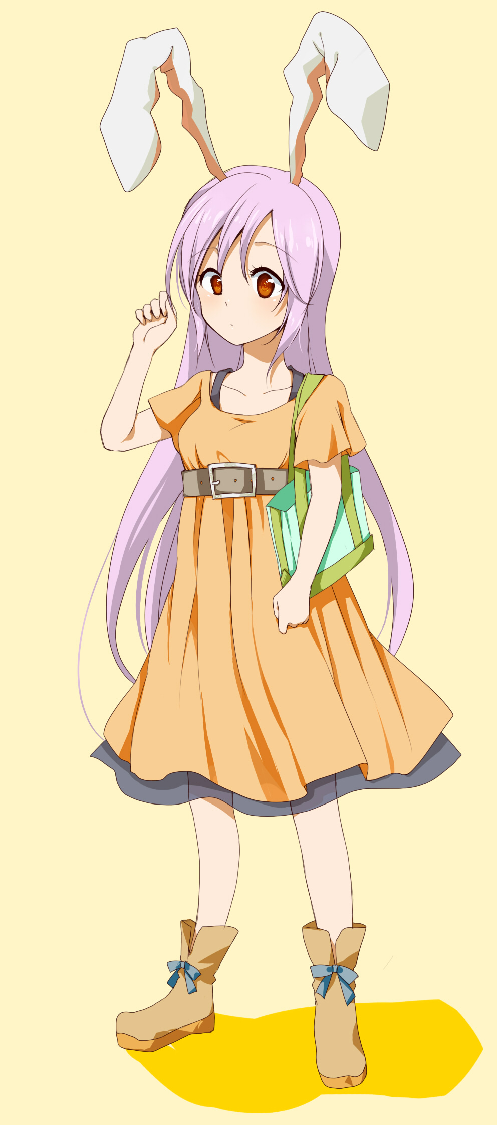 1girl, alternate_costume, animal_ears, ankle_boots, bad_id, bag, belt, boots
