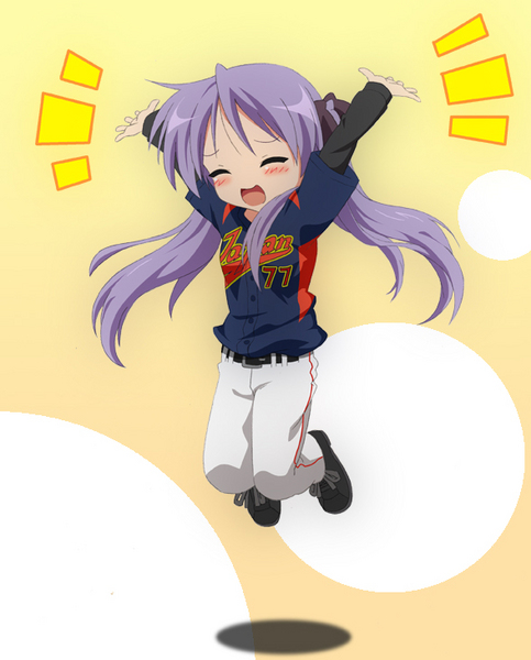 1girl, 2009_world_baseball_classic, arms_up, baseball_uniform, blush, closed_eyes, clothes_writing, hiiragi_kagami, jumping, kadokawa_shoten, long_hair, lucky_star, purple_hair, solo, sportswear, twintails, world_baseball_classic