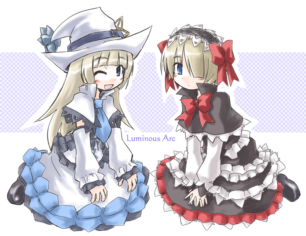 alice_(luminous_arc), blonde_hair, detached_sleeves, dress, frills, hat, kneeling, kugelschreiber, long_hair, luminous_arc, ribbon, short_hair, therese, wink, witch, witch_hat