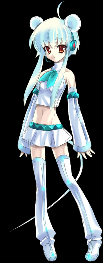 1girl, ahoge, animal_ears, brown_eyes, detached_sleeves, hatsune_zumi, midriff, mouse_ears, sidelocks, solo, tail, vocaloid, white_hair