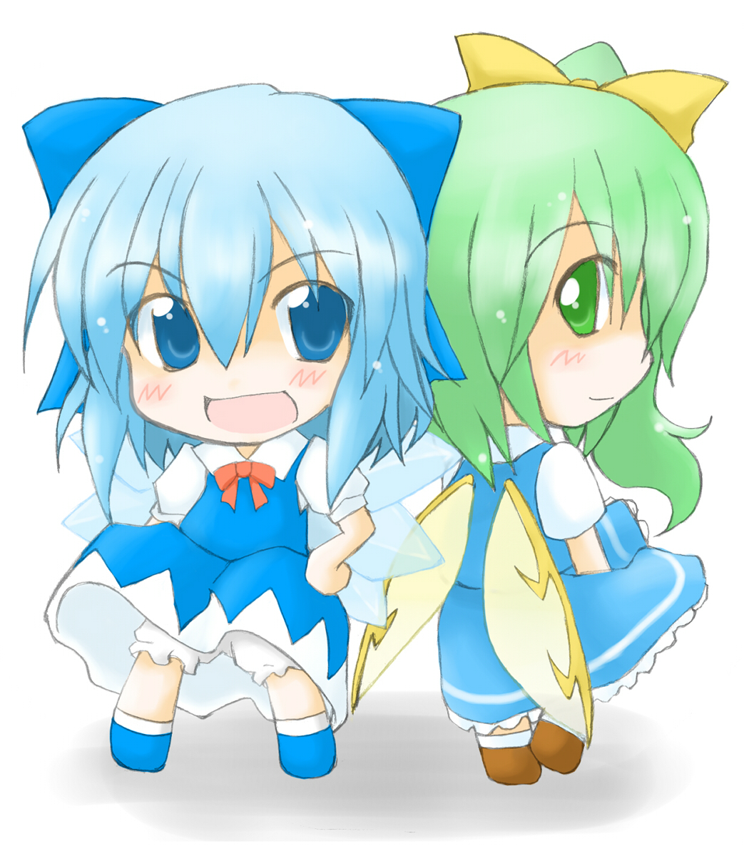 2girls, bloomers, chibi, cirno, daiyousei, eku, highres, multiple_girls