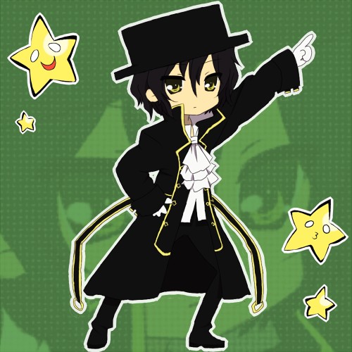 1boy, black_hair, chibi, coat, crossover, frills, gathers, gilbert