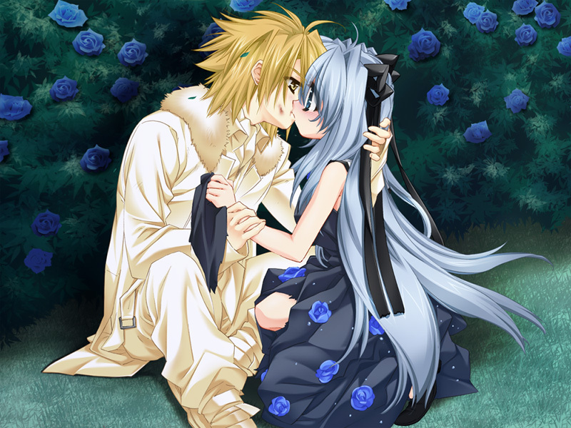 1boy, ashe_(under_the_moon), blonde_hair, blue_eyes, blue_hair, blush, couple, flower