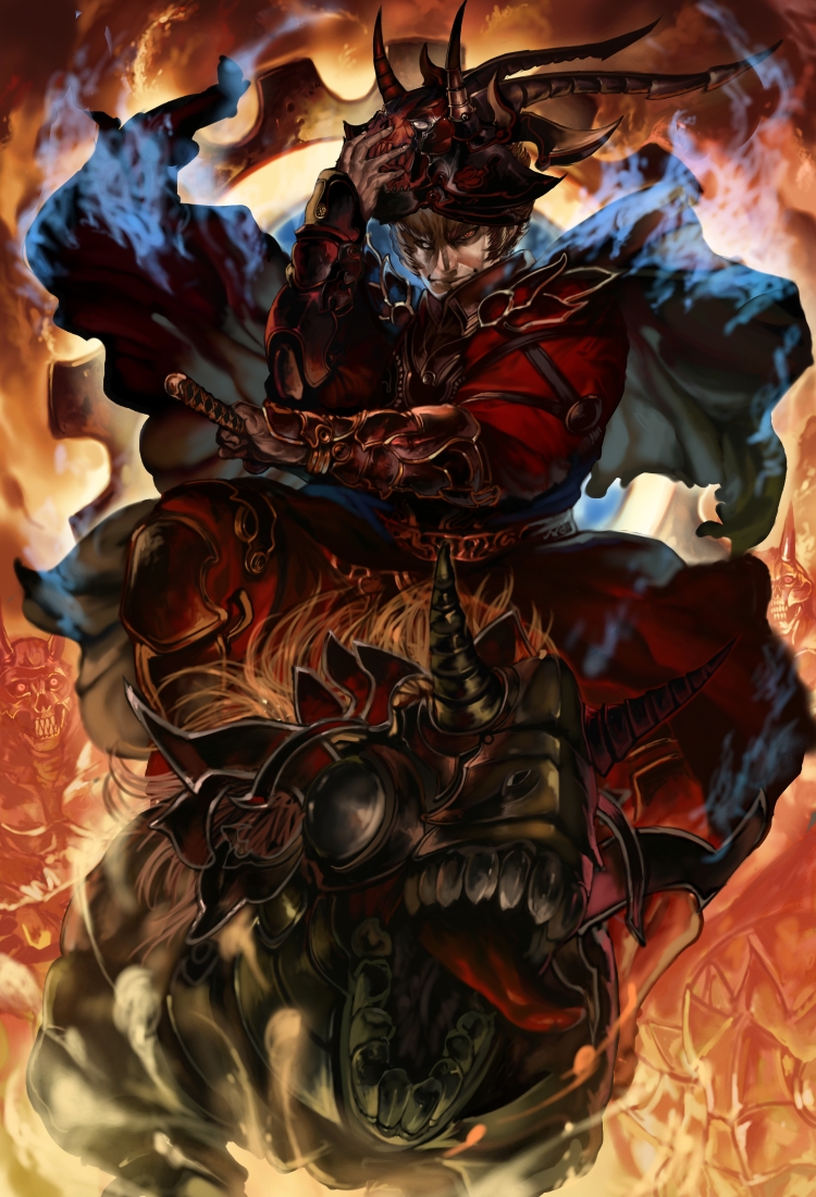 akatsuhara_empire, armor, brown_hair, cape, eel_(artist), gauntlets, male, pixiv