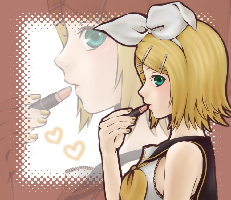 blonde_hair, ekuru_(pixiv618303), green_eyes, hair_ribbon, heart, kagamine_rin, lipstick, makeup