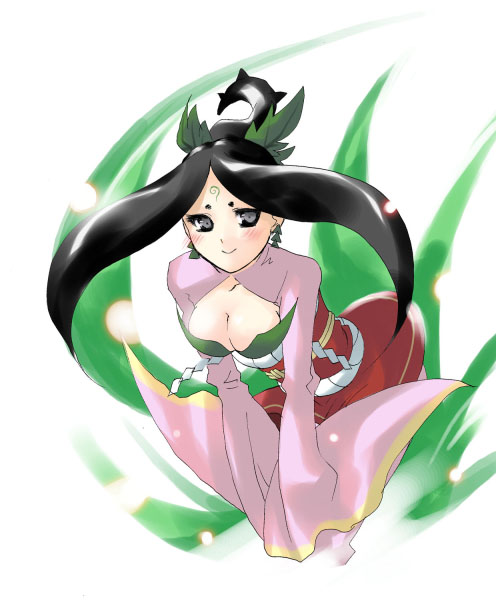 black_hair, breasts, cleavage, grey_eyes, japanese_clothes, okami, sakuya_(okami), smile