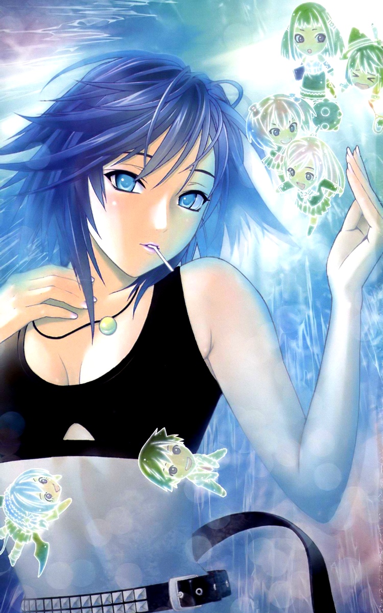 akashiya_moka, aono_tsukune, bare_shoulders, belt, blue_eyes, blue_hair, breasts, comic