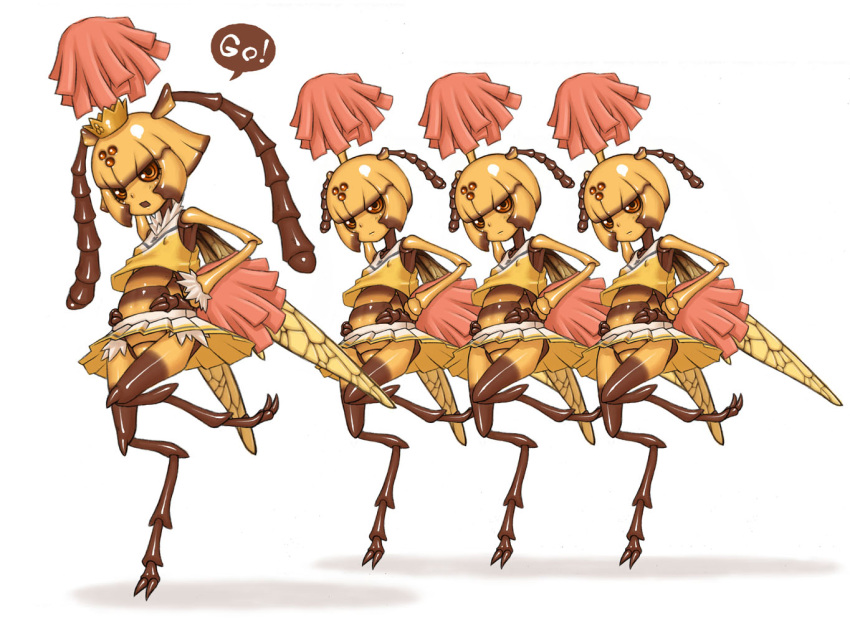 4girls, antennae, bee, bee_girl, cheerleader, crown, extra_eyes, furry, insect_girl, insect_wings, jon_henry_nam, monster_girl, multiple_arms, multiple_girls, namu_gunsou, no_panties, original, pixiv, princess, simple_background, wings