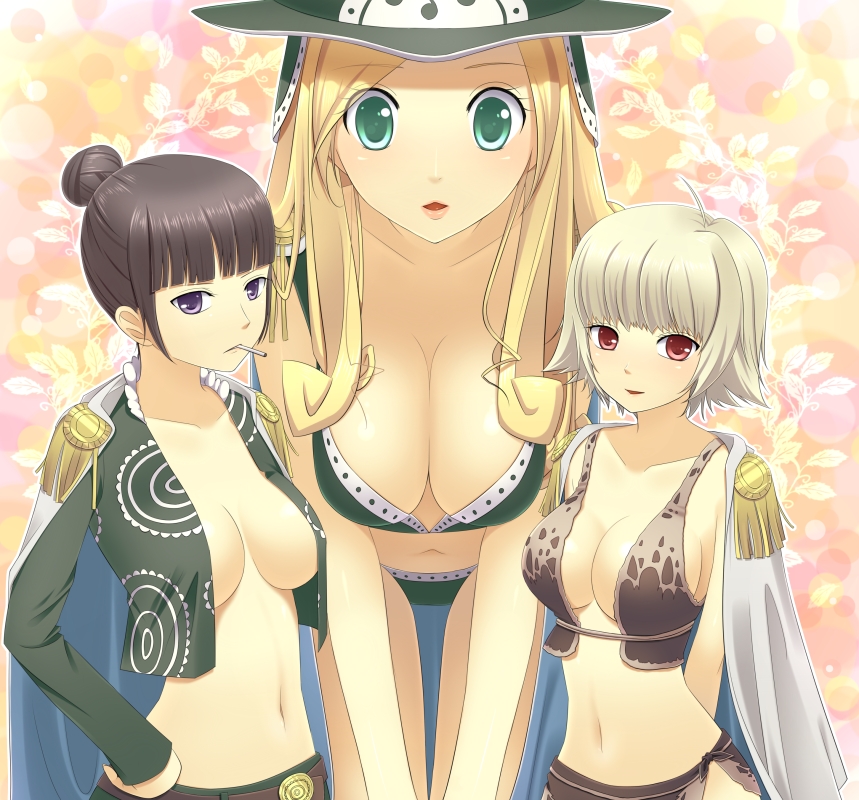 3girls, alternate_hair_color, amazon, amazon_lily, aphelandra, black_hair, blonde_hair, breasts, cape, cigarette, cleavage, epaulettes, female, giantess, green_eyes, hair_bun, hat, long_hair, marguerite, multiple_girls, navel, one_piece, red_eyes, rindou_(one_piece), saya_(temporubato), short_hair, smoking, violet_eyes, white_hair