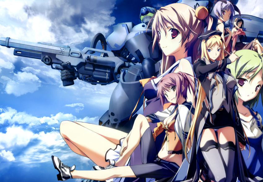 6+girls, absurdres, baldr_sky, bell, black_eyes, black_hair, blonde_hair, blue_eyes