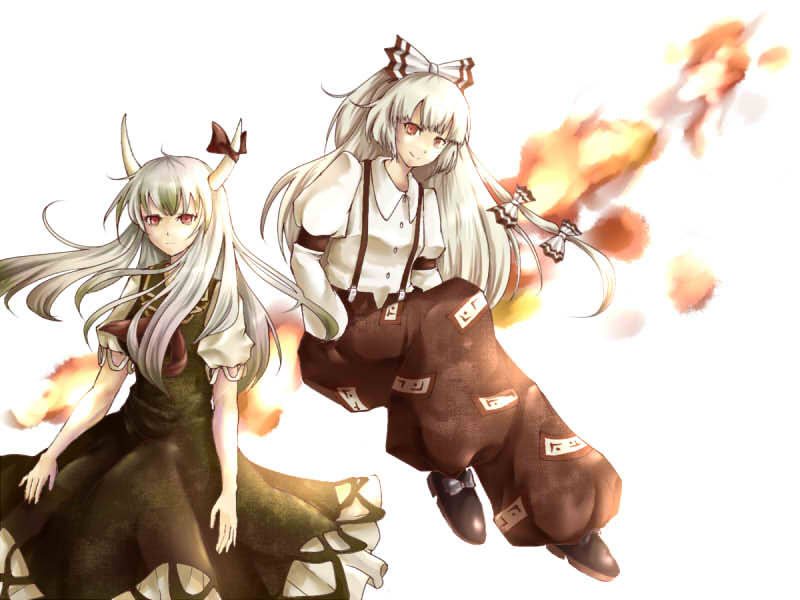 2girls, dress, ex-keine, female, fire, fujiwara_no_mokou, green_hair, horn_ribbon