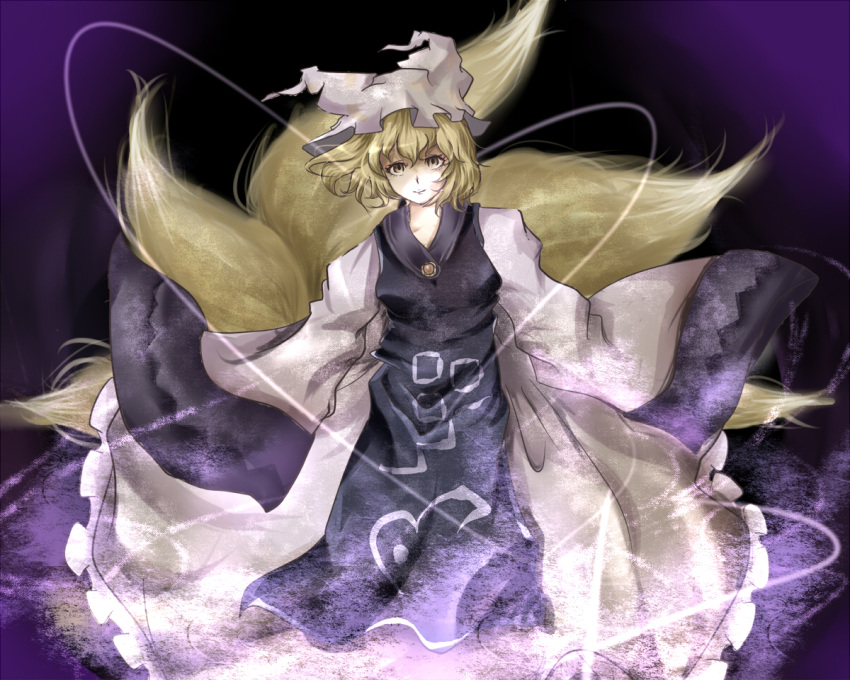1girl, black_background, blonde_hair, female, fox_tail, hat, long_sleeves, multiple_tails
