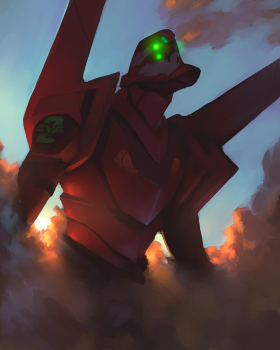 clouds, eva_02, glowing, jets, mecha, neon_genesis_evangelion, no_humans, sadamoto_yoshiyuki