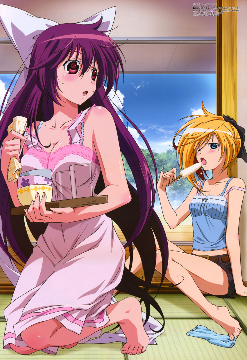 2girls, absurdres, apron, asu_no_yoichi, bare_shoulders, barefoot, belt, blonde_hair