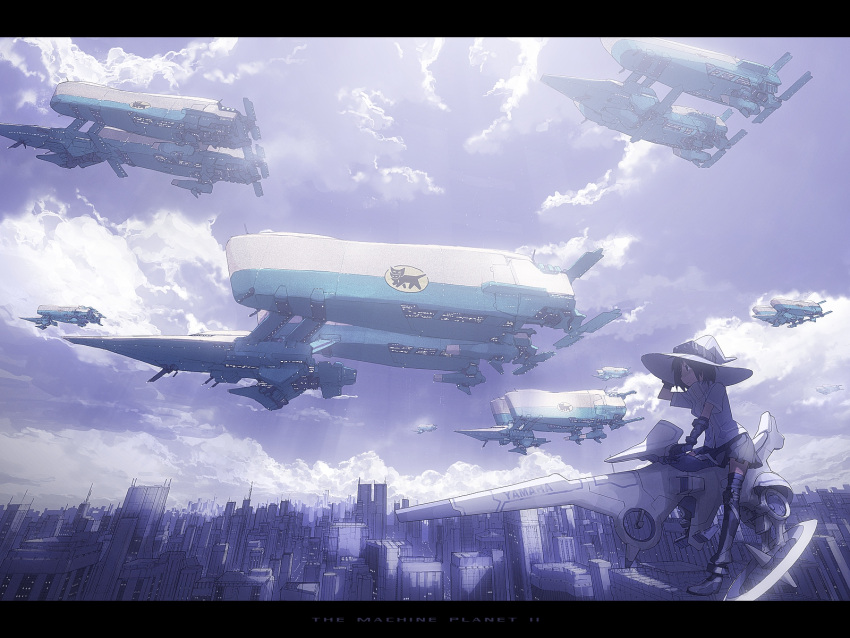 1girl, brown_hair, city, cityscape, cloud, dirigible, hat, highres, hover_bike, letterboxed, masariro, mecha, riding, scenery, science_fiction, short_hair, skirt, sky, skyline, solo, space_craft, the_machine_planet, witch_hat, yamaha, yamato_transport